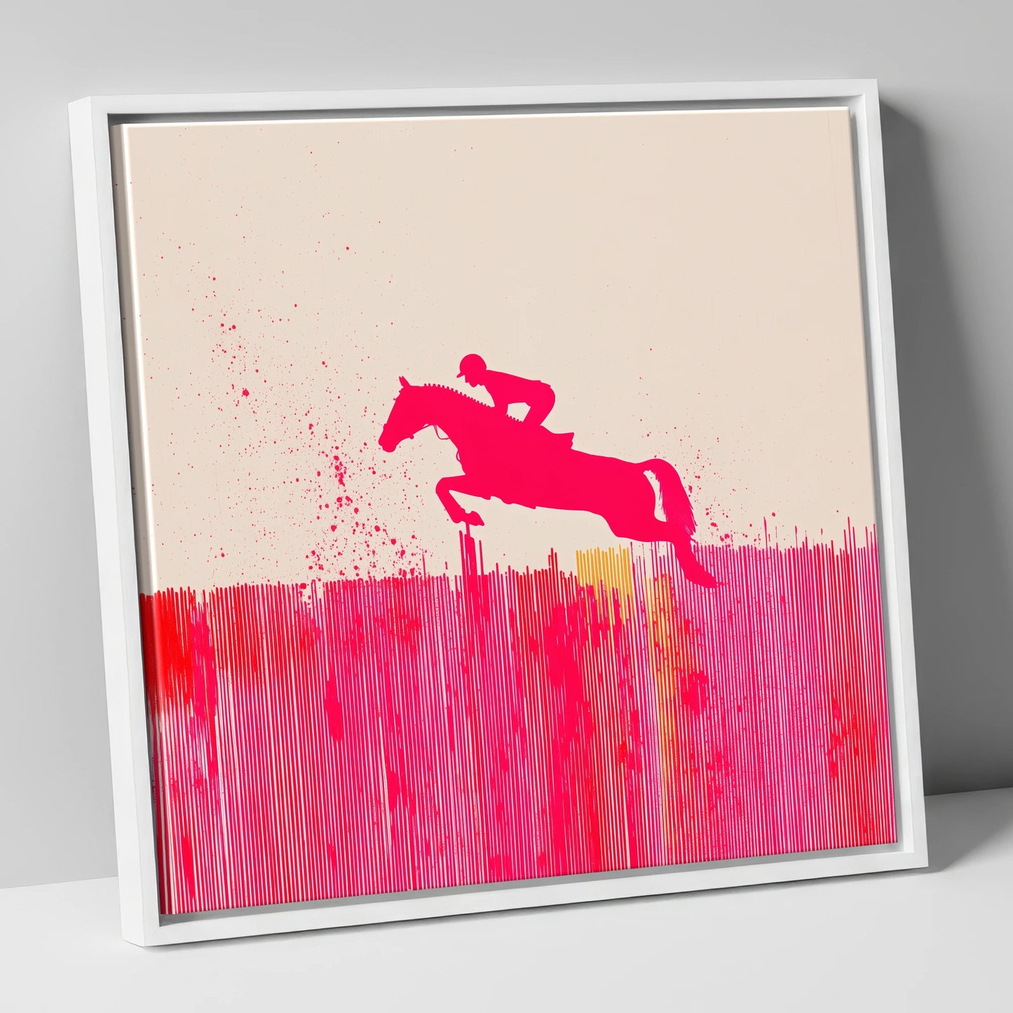 Vibrant Magenta Leap show jumping horse canvas wall art in white frame