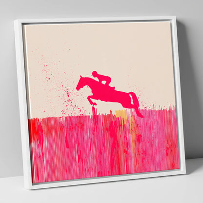 Vibrant Magenta Leap show jumping horse canvas wall art in white frame