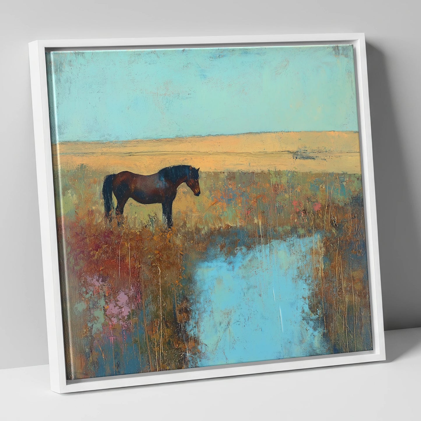 Silent Waters horse landscape canvas wall art in white frame
