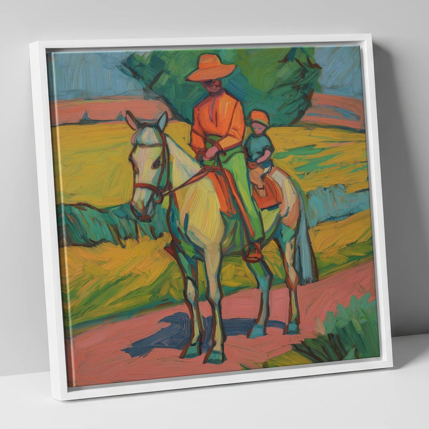 Vivid Summer Companion horse & rider canvas wall art in white frame