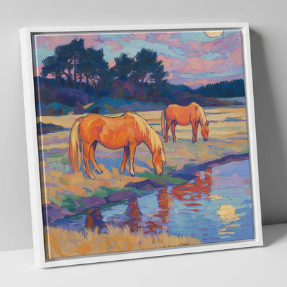 Evening Pasture Reflections horse landscape canvas wall art in white frame