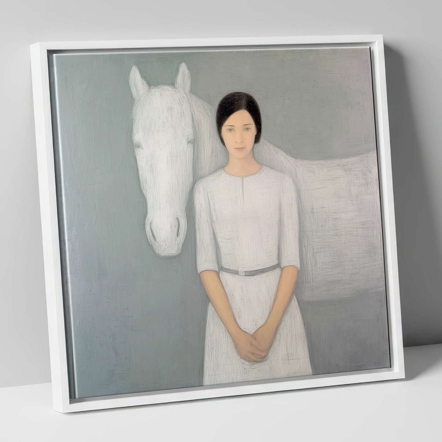 Quiet Connection horse & rider canvas wall art in white frame