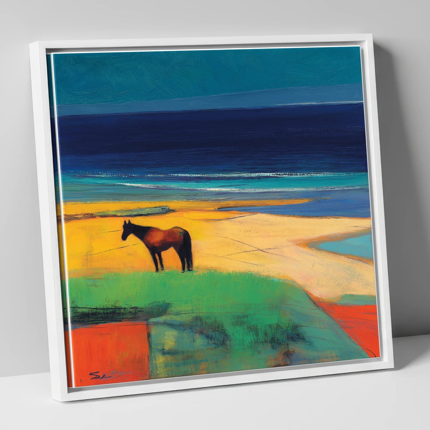 Vibrant Coastal Solitude horse landscape canvas wall art in white frame