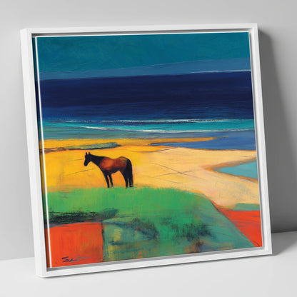 Vibrant Coastal Solitude horse landscape canvas wall art in white frame