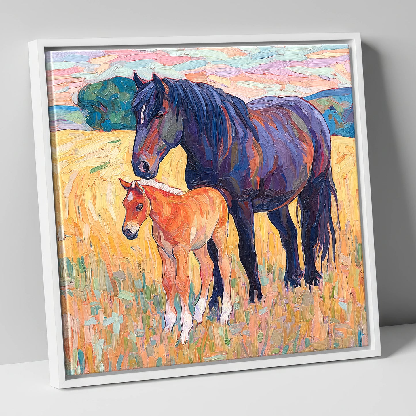 Vibrant Bond Mare and Foal mare & foal canvas wall art in white frame