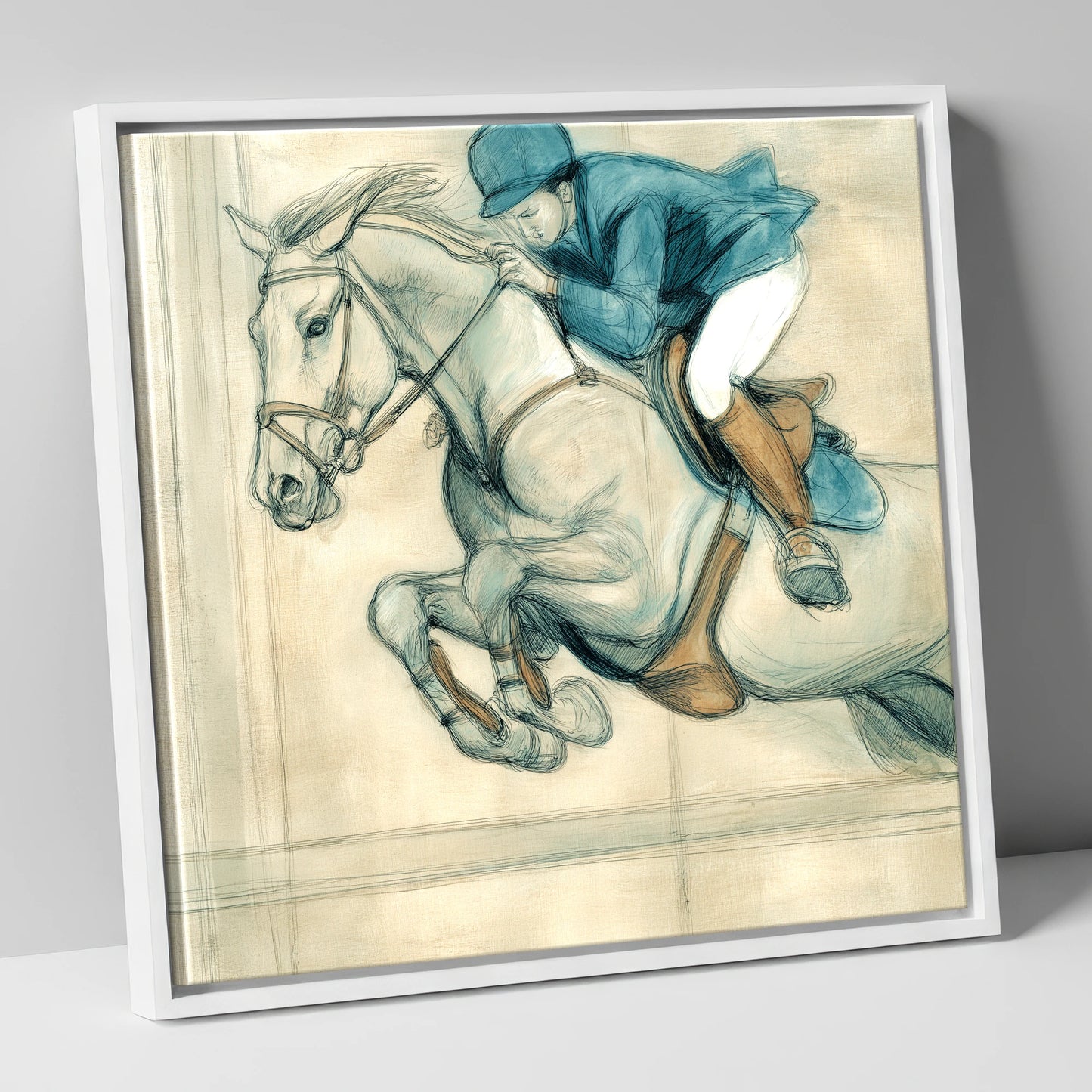 Suspended Flight show jumping horse canvas wall art in white frame