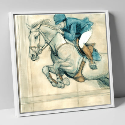 Suspended Flight show jumping horse canvas wall art in white frame