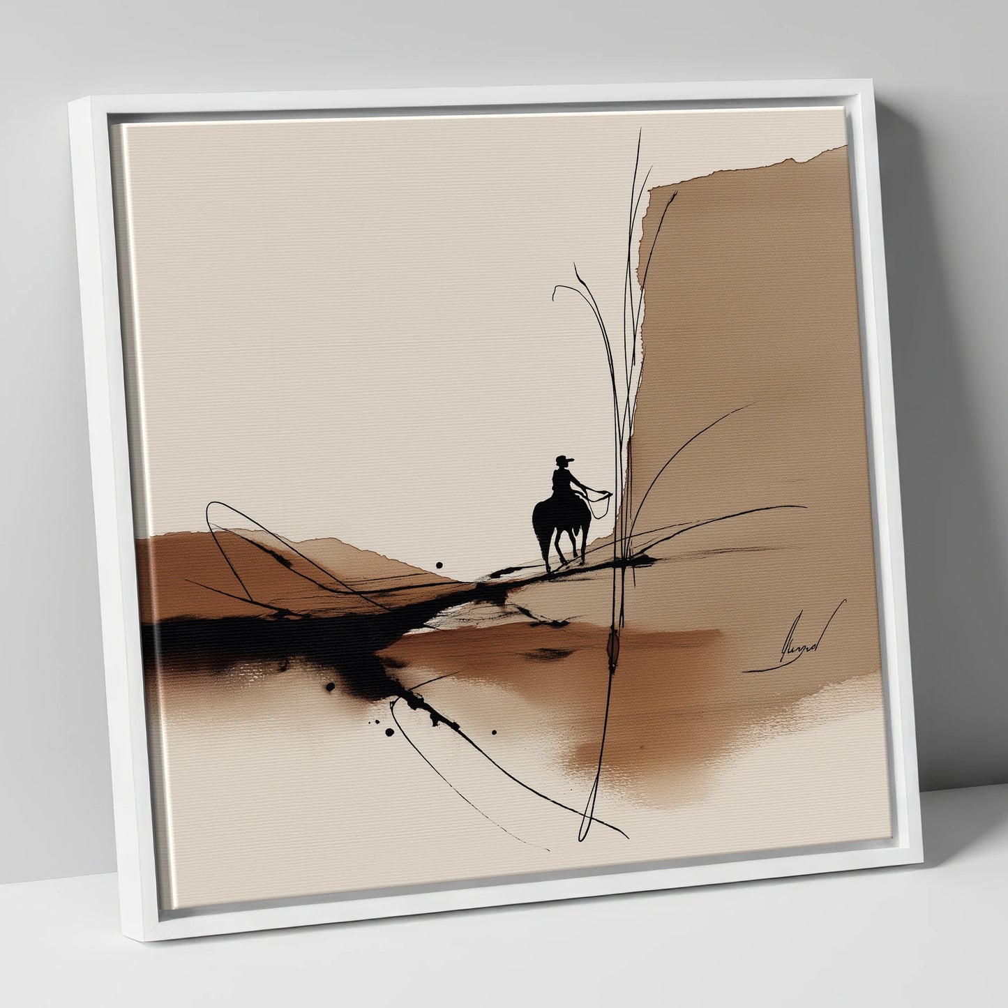 Sepia Horizons western horse canvas wall art in white frame