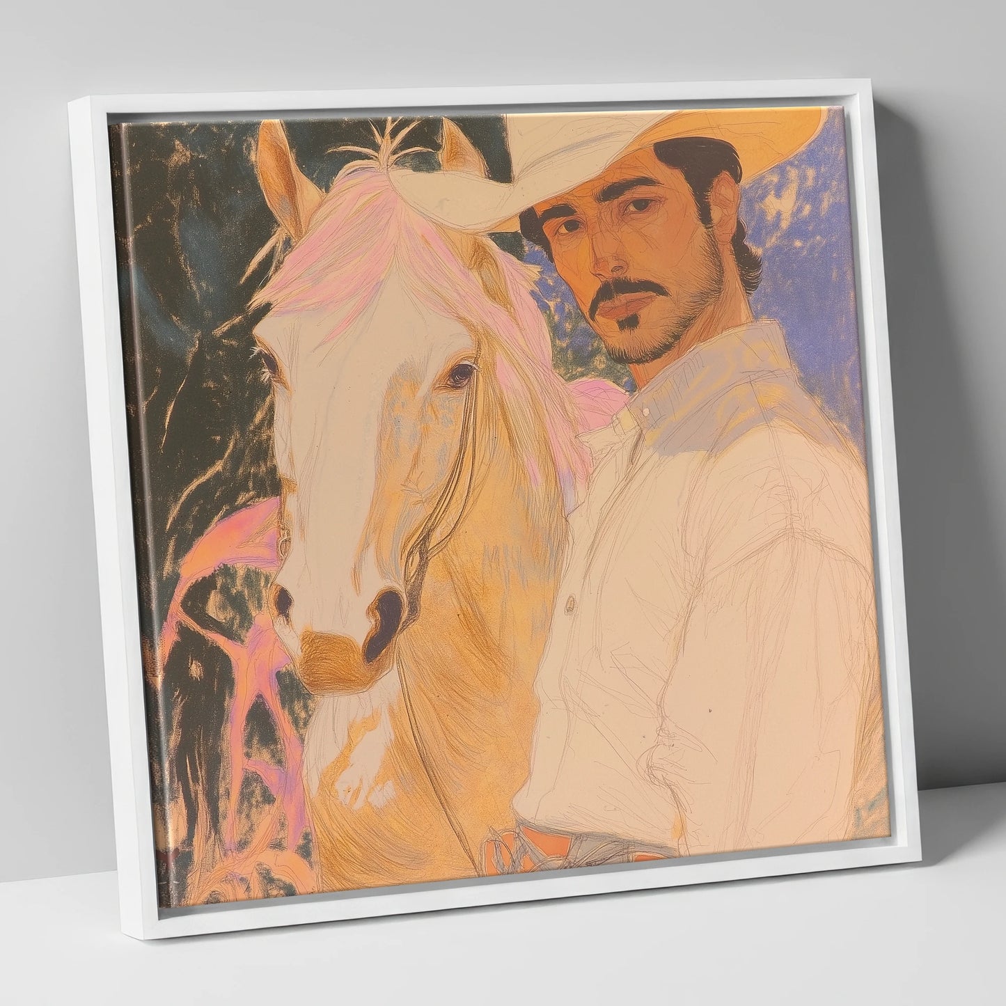 Painted Western Bond western horse canvas wall art in white frame