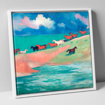 Spirited Coastal Herd wild horses canvas wall art in white frame