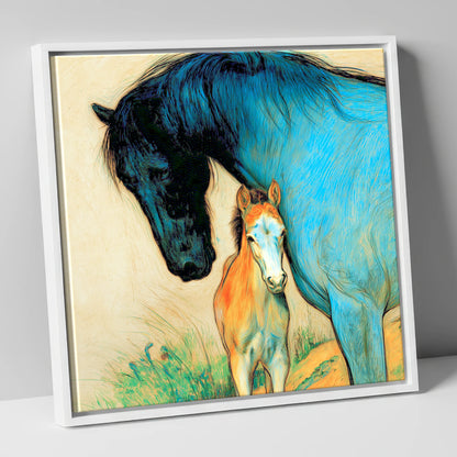 Vivid Devotion mare & foal canvas wall art in white frame