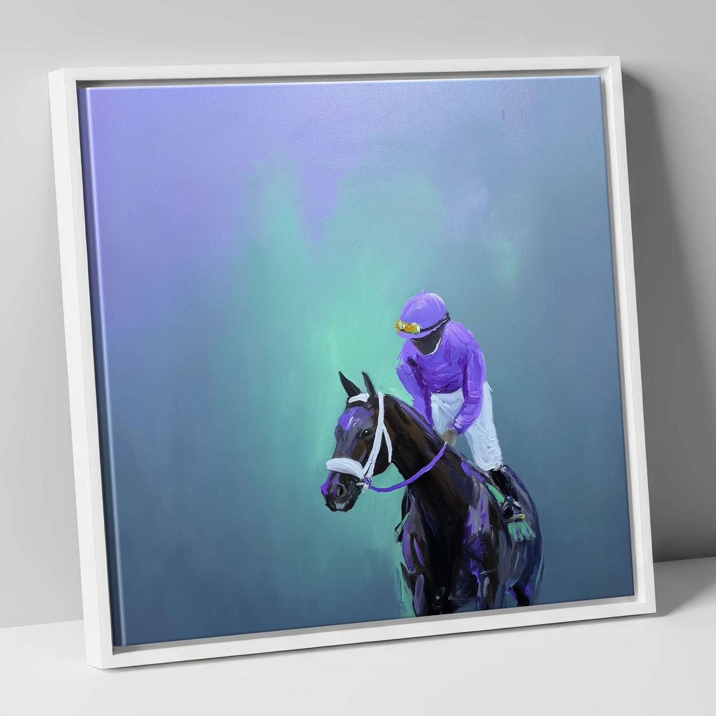 Quiet at the Post racing horse canvas wall art in white frame