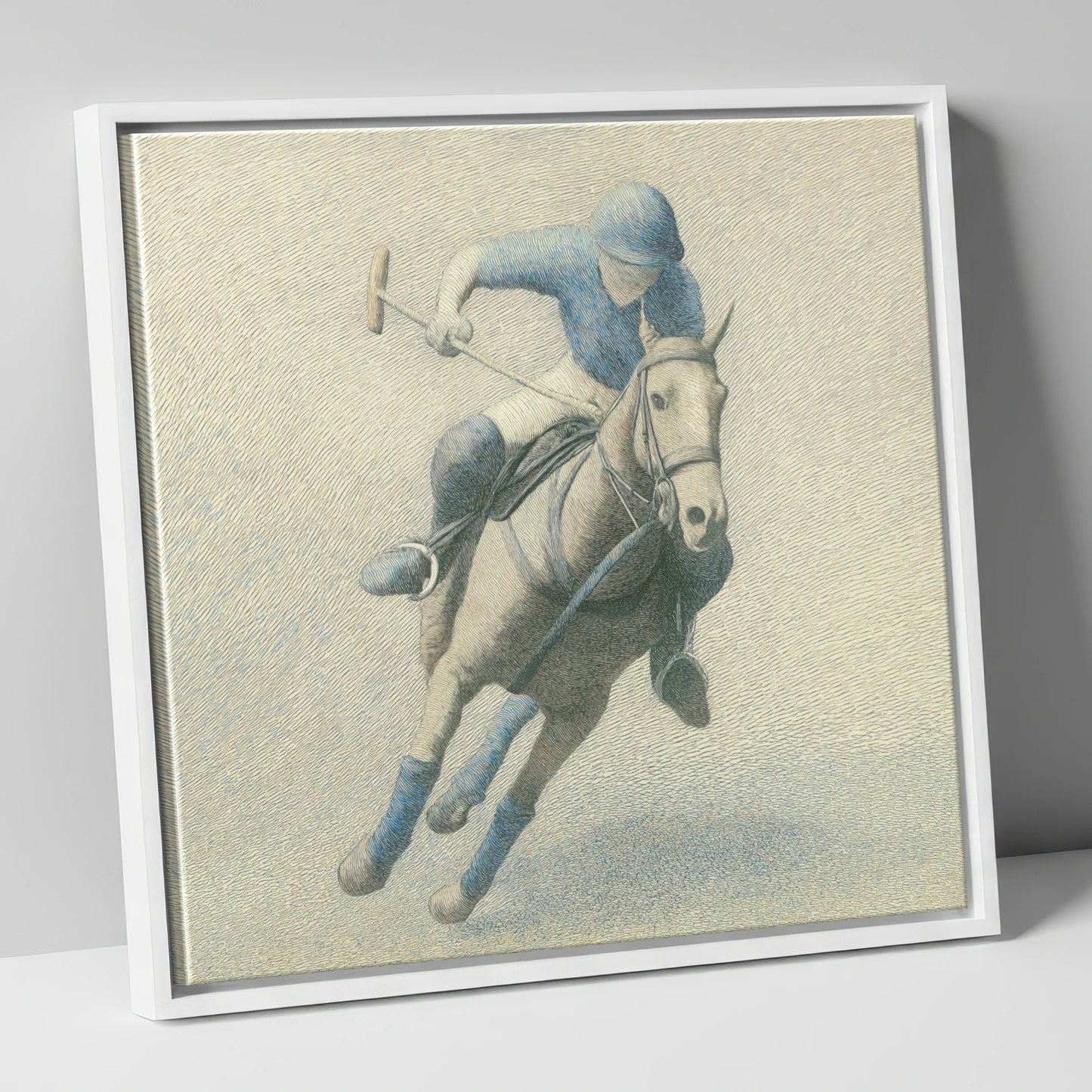The Slate Blue Chukka polo horse canvas wall art in white frame