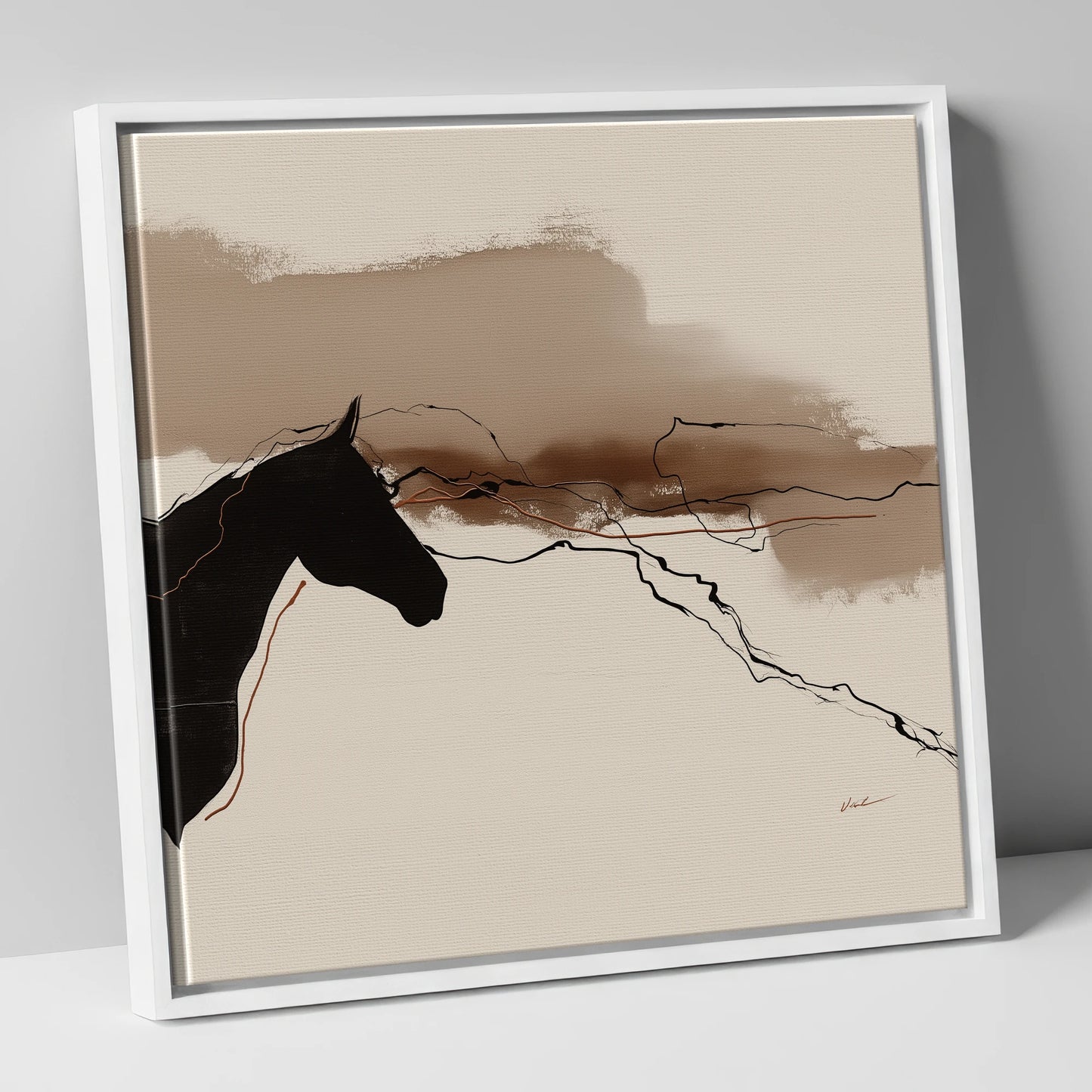 Abstract Sepia Silhouette horse portrait canvas wall art in white frame