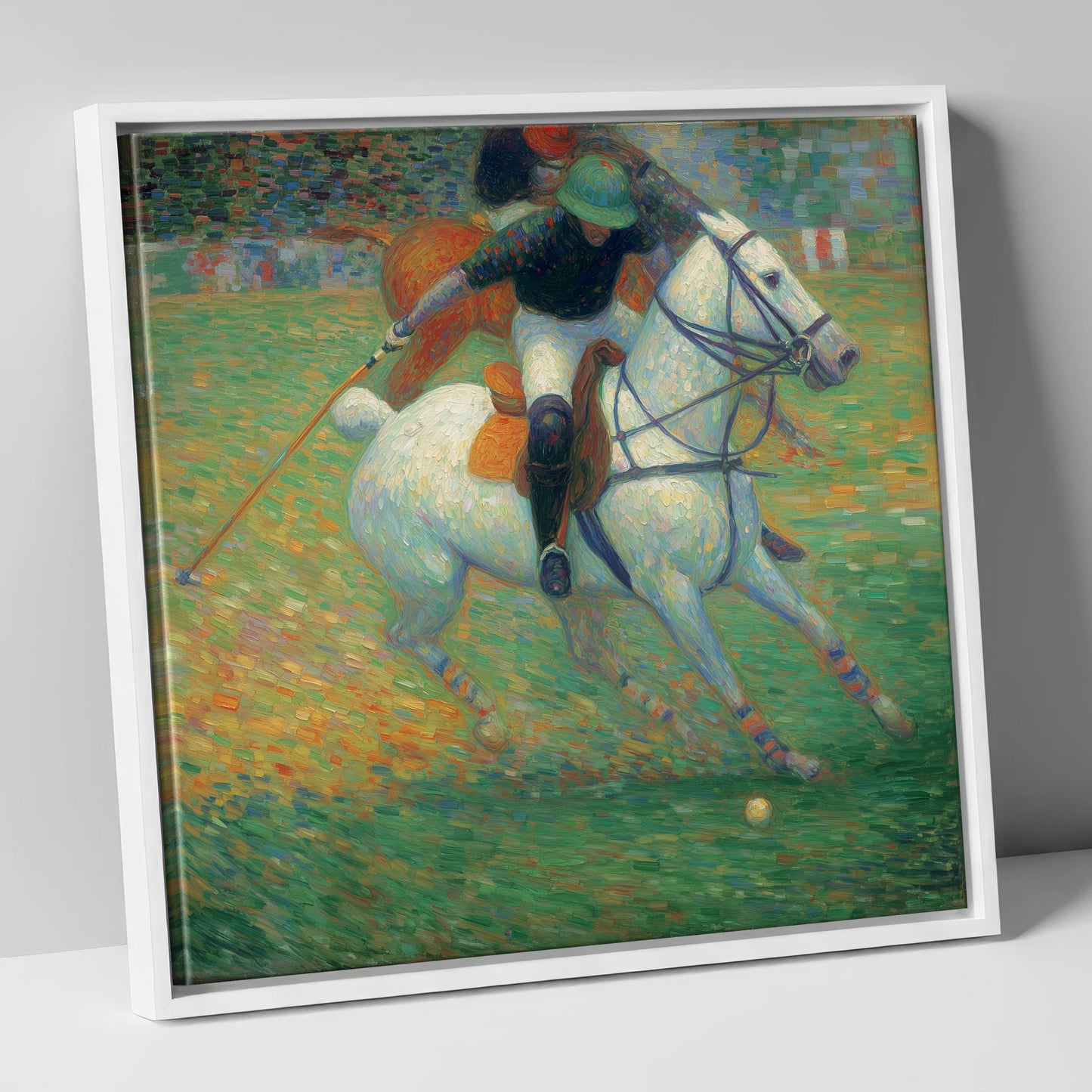 Luminous Polo Charge polo horse canvas wall art in white frame