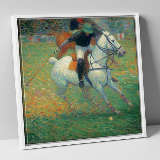 Luminous Polo Charge polo horse canvas wall art in white frame