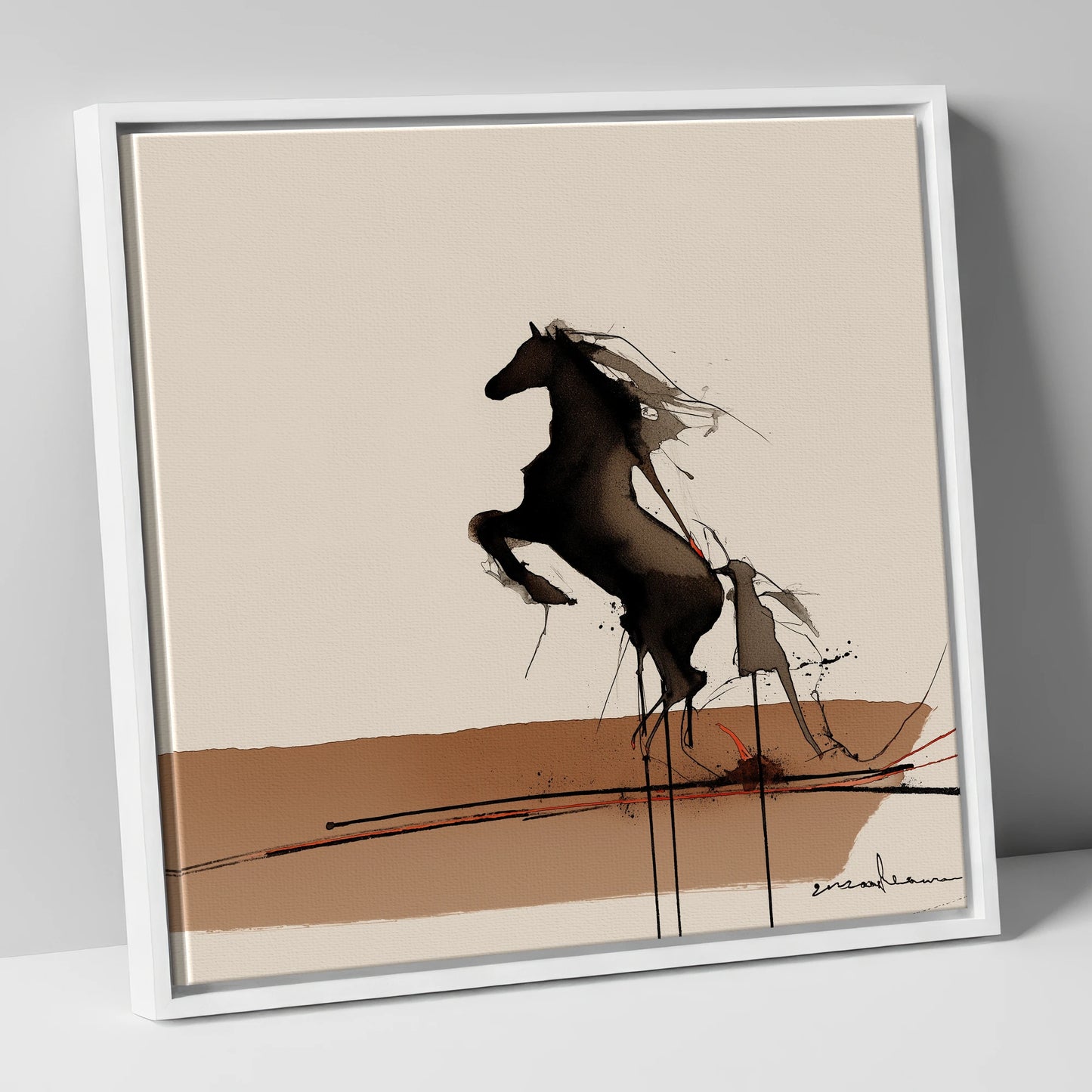 Untamed Dark Silhouette wild horses canvas wall art in white frame