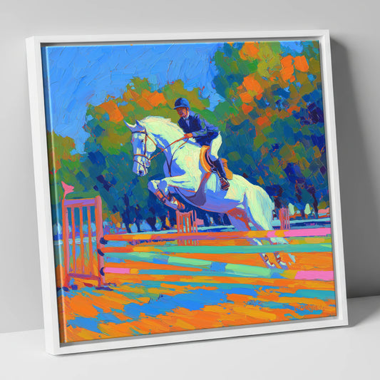 Vibrant Showjumping Leap show jumping horse canvas wall art in white frame