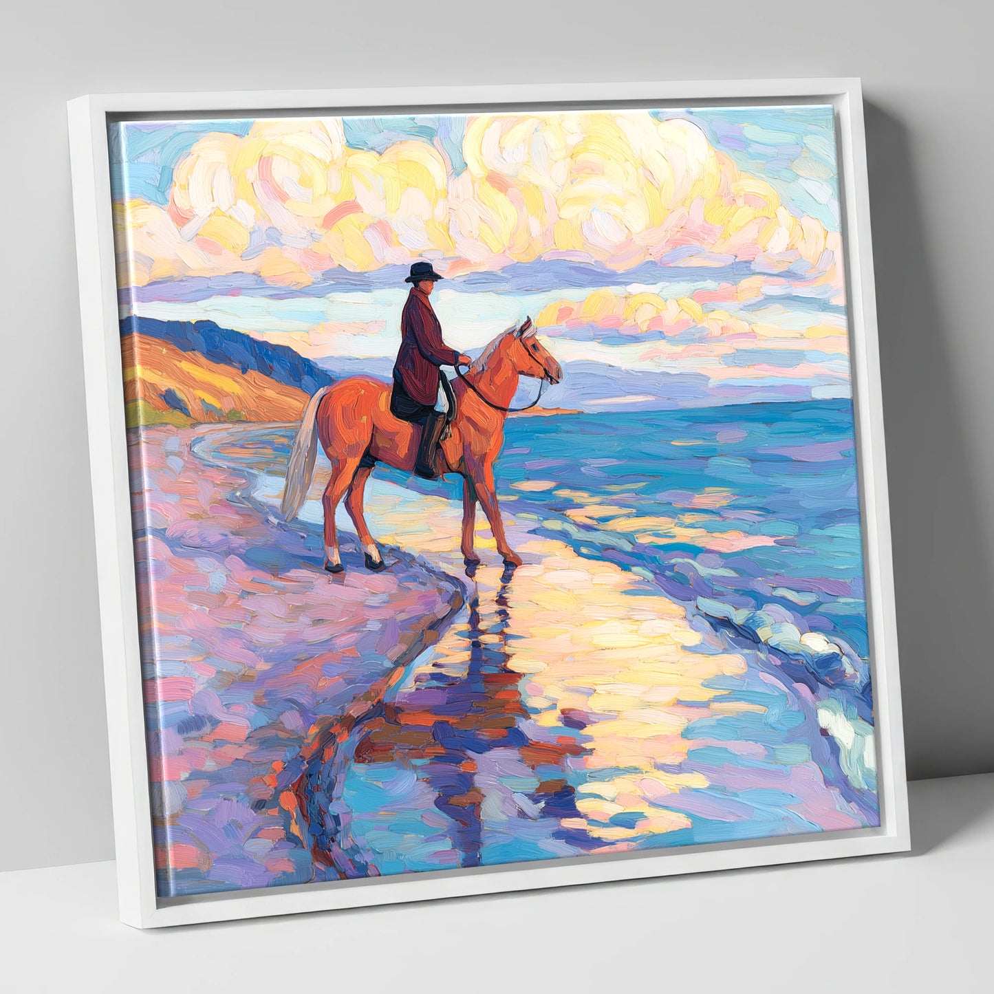 Sunset Coastal Reflections beach horse canvas wall art in white frame