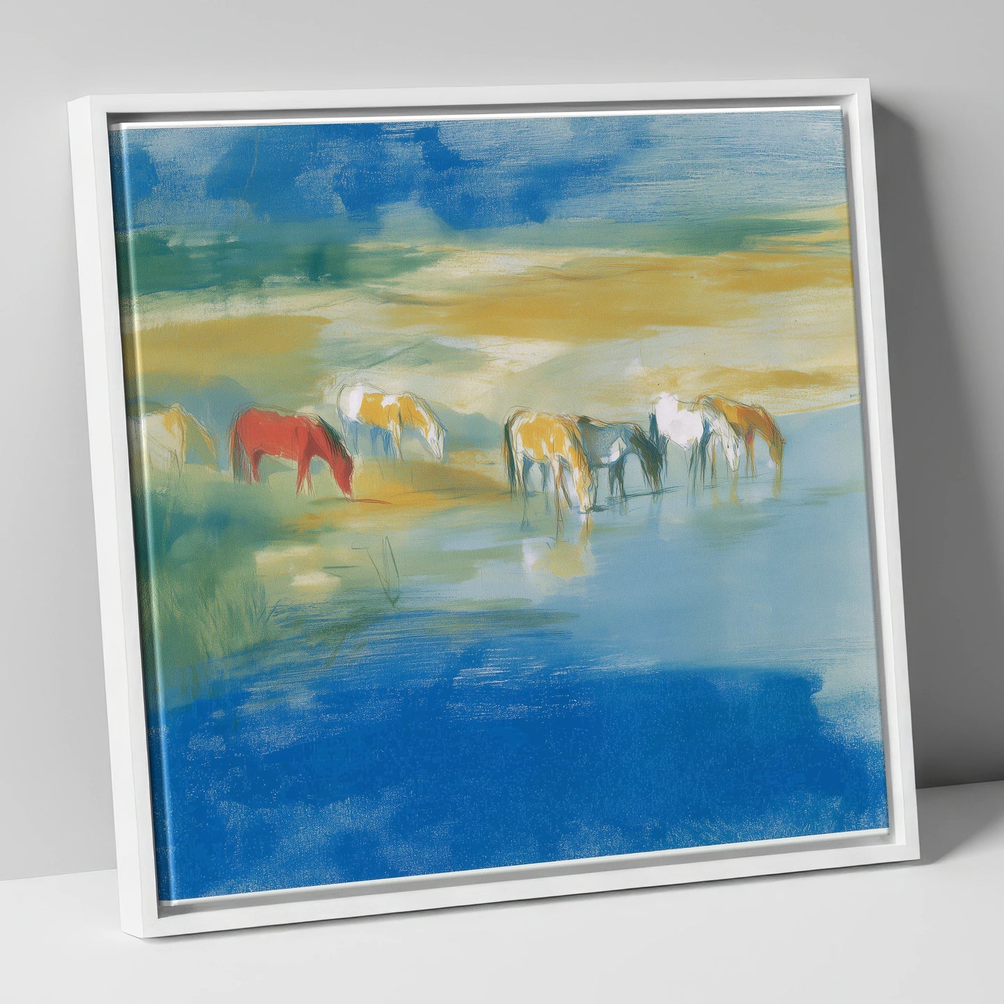 Vivid Watering Hole wild horses canvas wall art in white frame