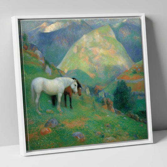 Horses Grazing Below Sunlit Peaks horse landscape canvas wall art in white frame