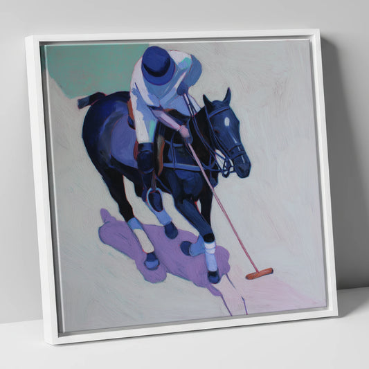 The Indigo Swing polo horse canvas wall art in white frame