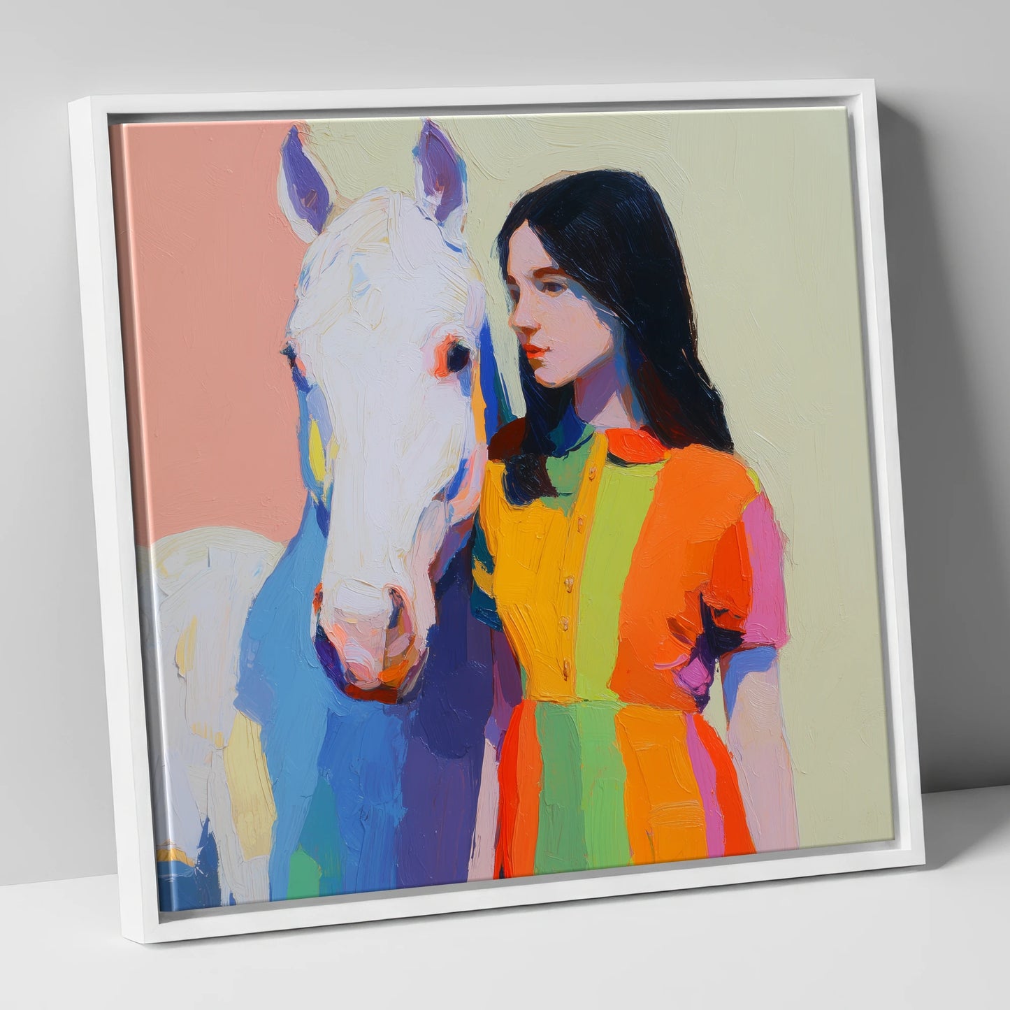 Vibrant Harmony horse & rider canvas wall art in white frame
