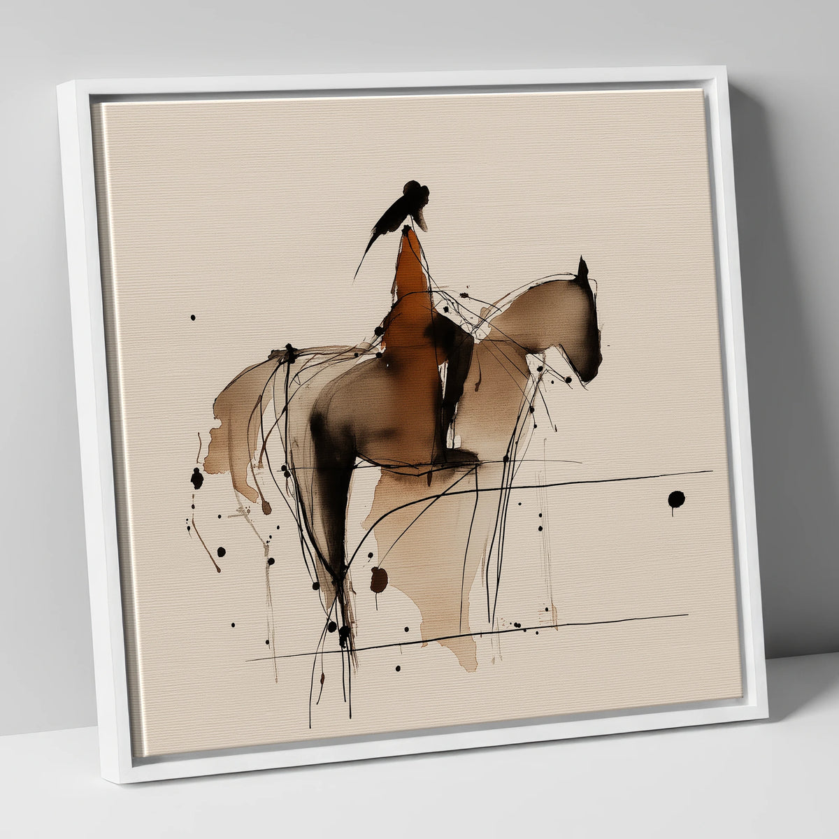 Abstract Sepia Horse and Rider horse & rider canvas wall art in white frame