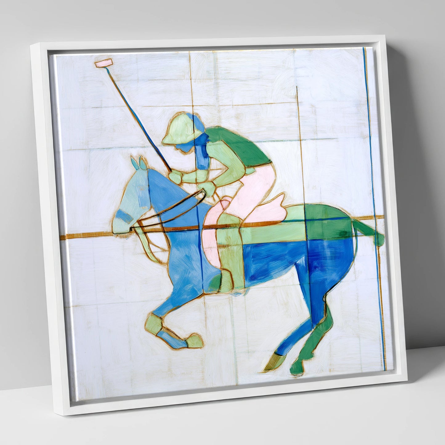Azure Polo Rhythms polo horse canvas wall art in white frame