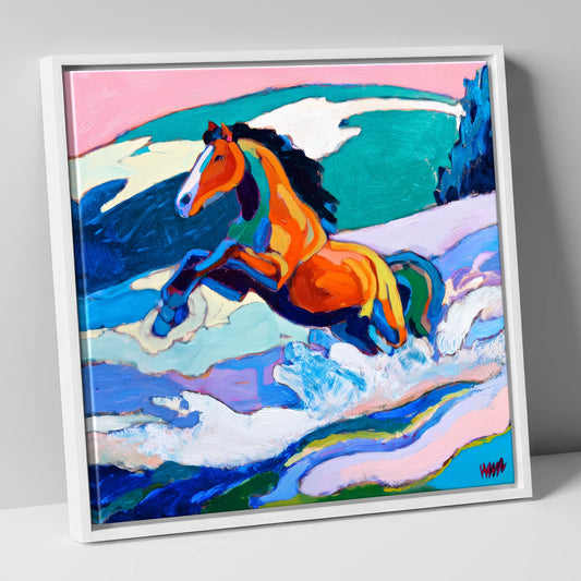 Vivid Coastal Leap beach horse canvas wall art in white frame
