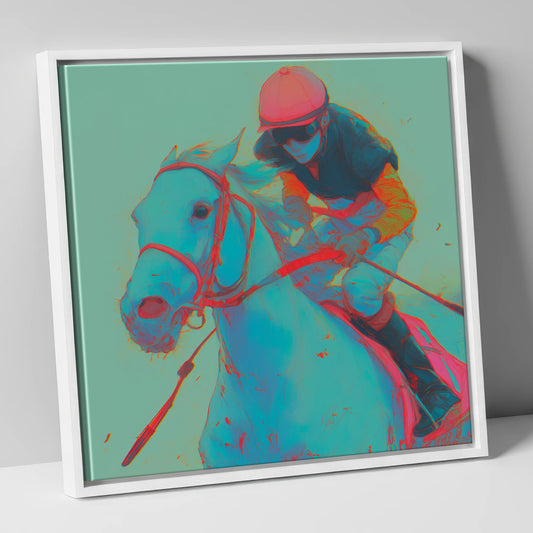 Electric Furlong racing horse canvas wall art in white frame