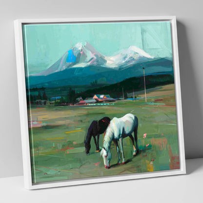 Companions Beneath the Peak horse landscape canvas wall art in white frame