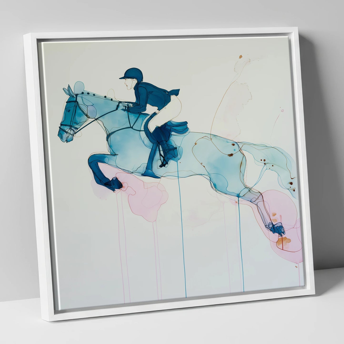Azure Flight show jumping horse canvas wall art in white frame