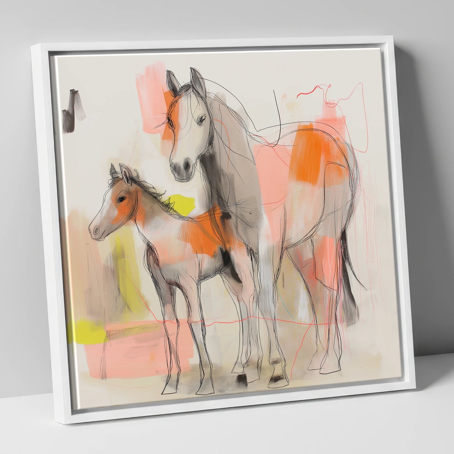 Contemporary Bond mare & foal canvas wall art in white frame