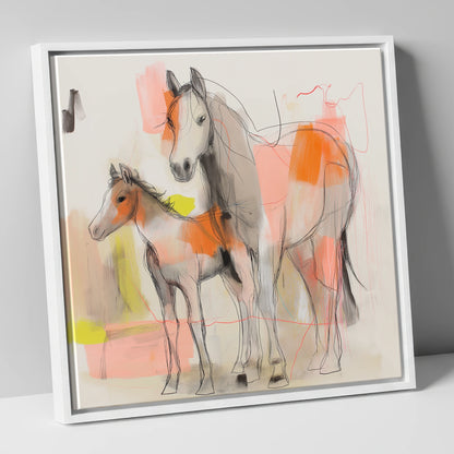 Contemporary Bond mare & foal canvas wall art in white frame