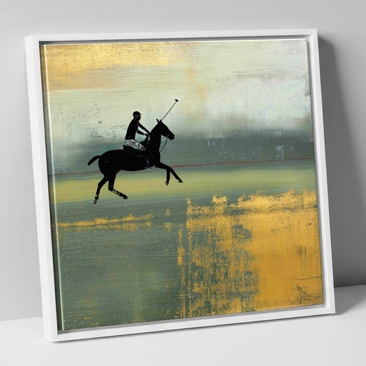 Gilded Chukka polo horse canvas wall art in white frame