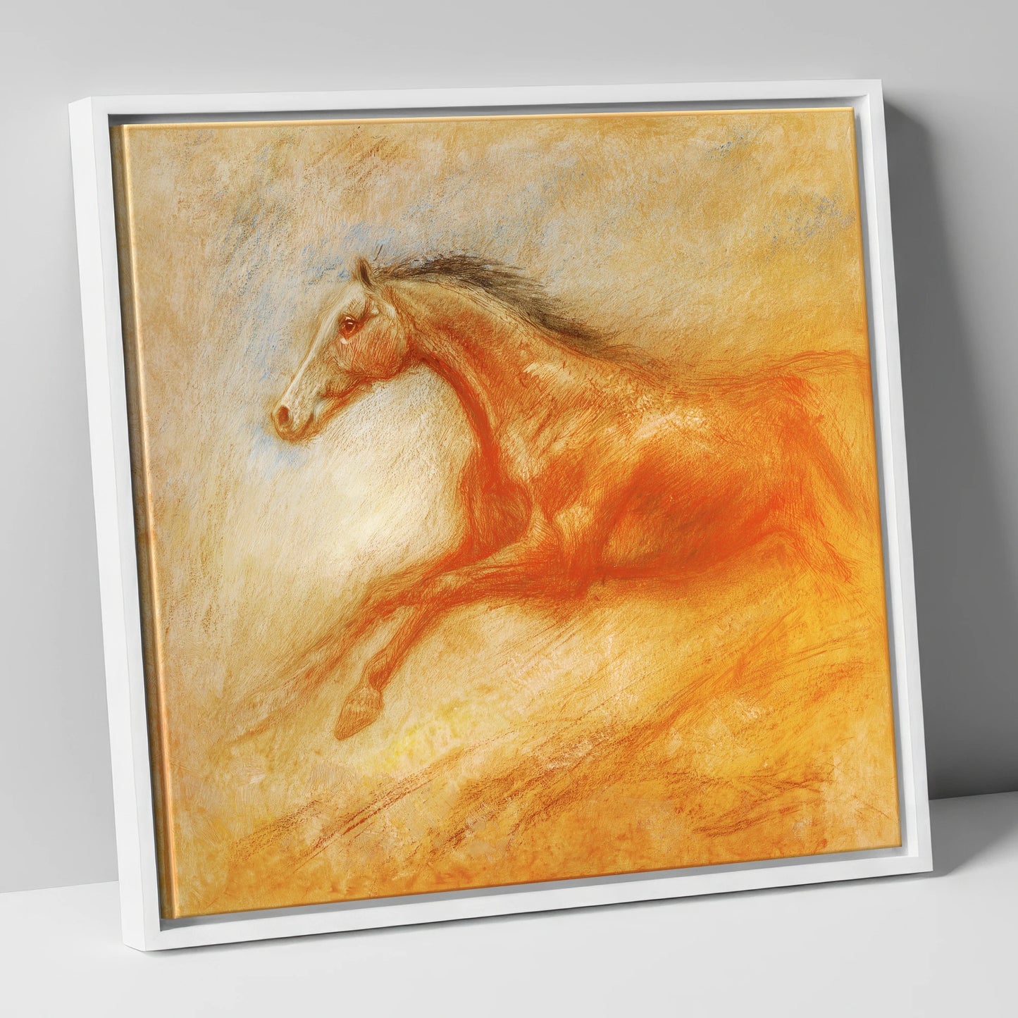 The Golden Gallop racing horse canvas wall art in white frame