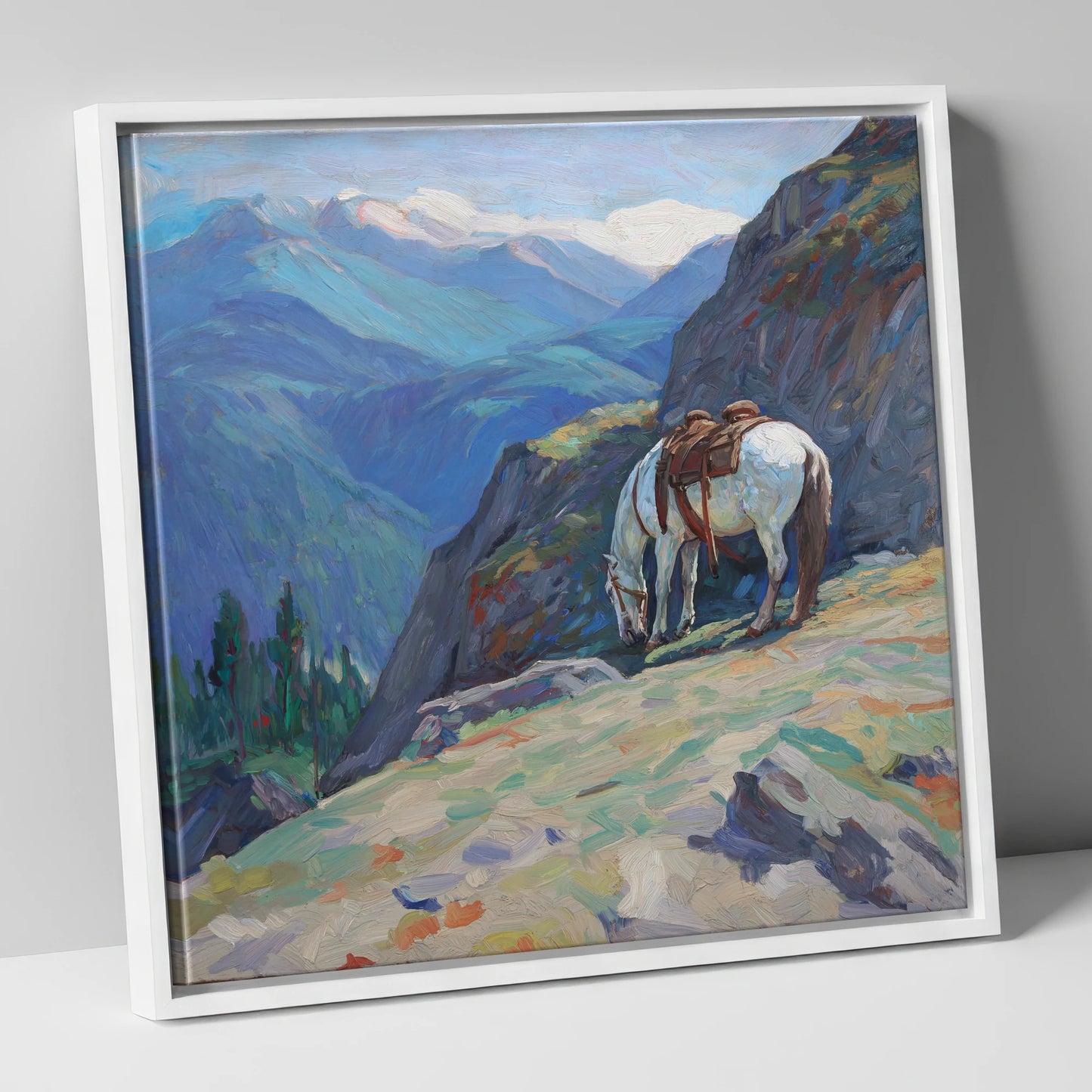 Alpine Trail Halt horse landscape canvas wall art in white frame