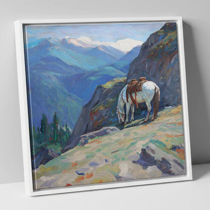 Alpine Trail Halt horse landscape canvas wall art in white frame