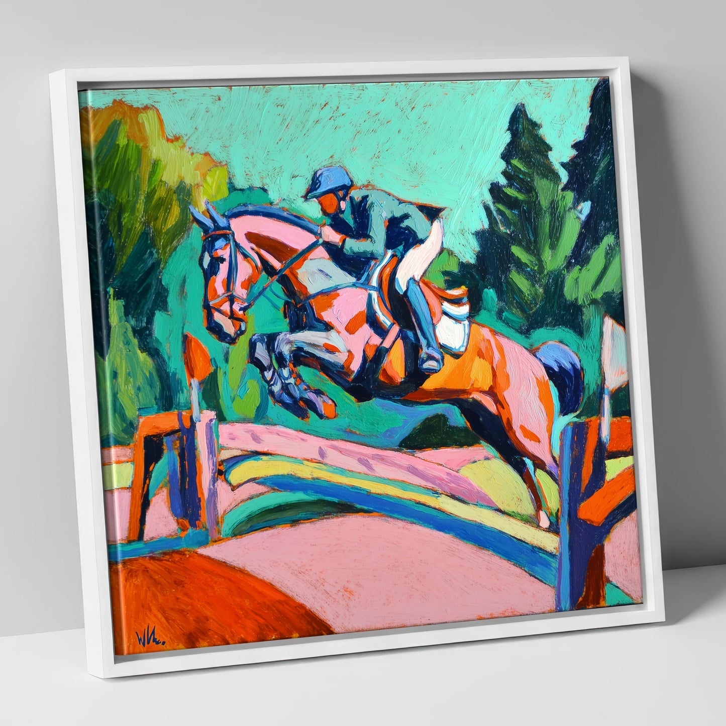 Technicolour Flight show jumping horse canvas wall art in white frame