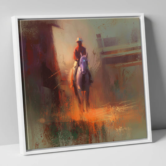 First Light Rider racing horse canvas wall art in white frame