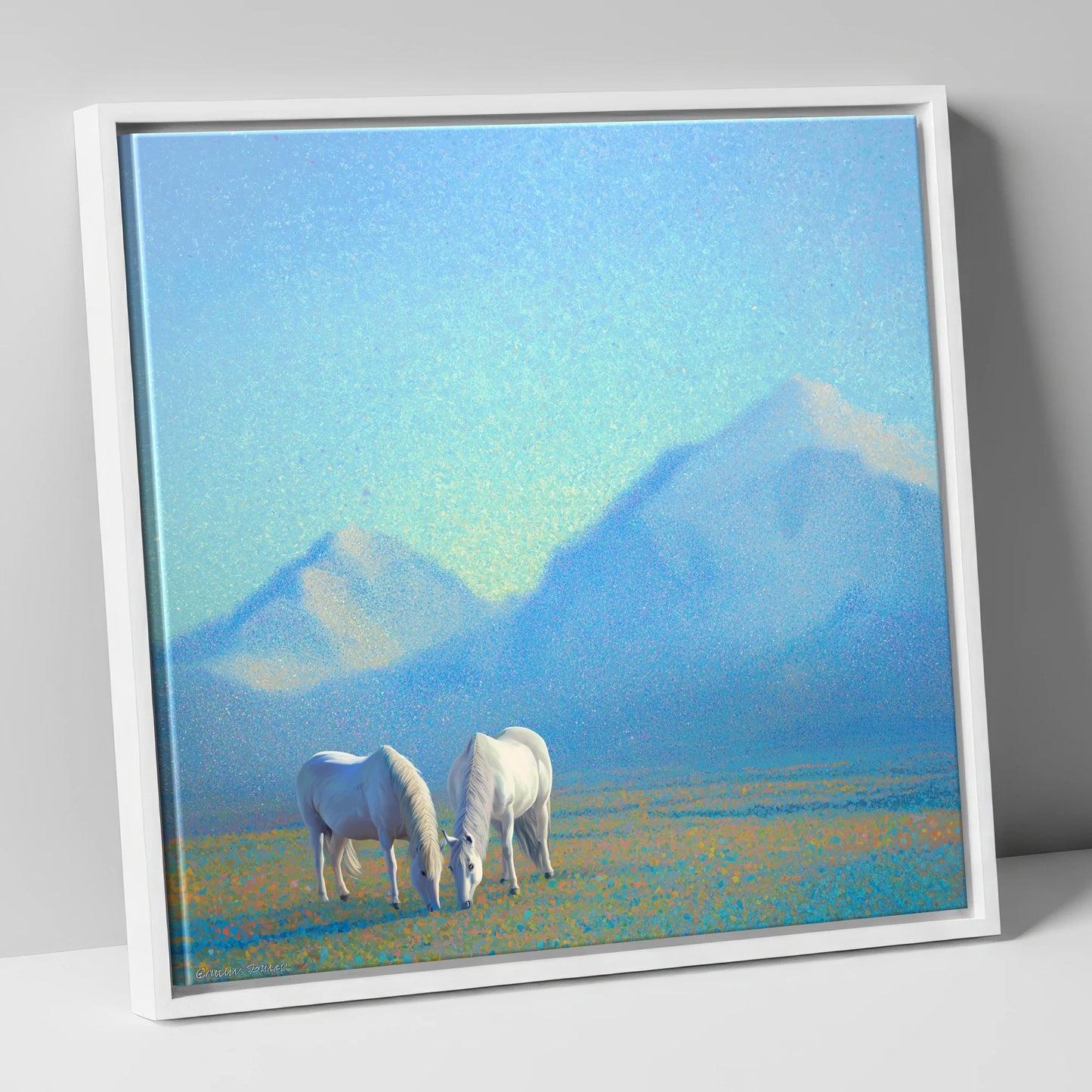 Luminous Mountain Pasture horse landscape canvas wall art in white frame