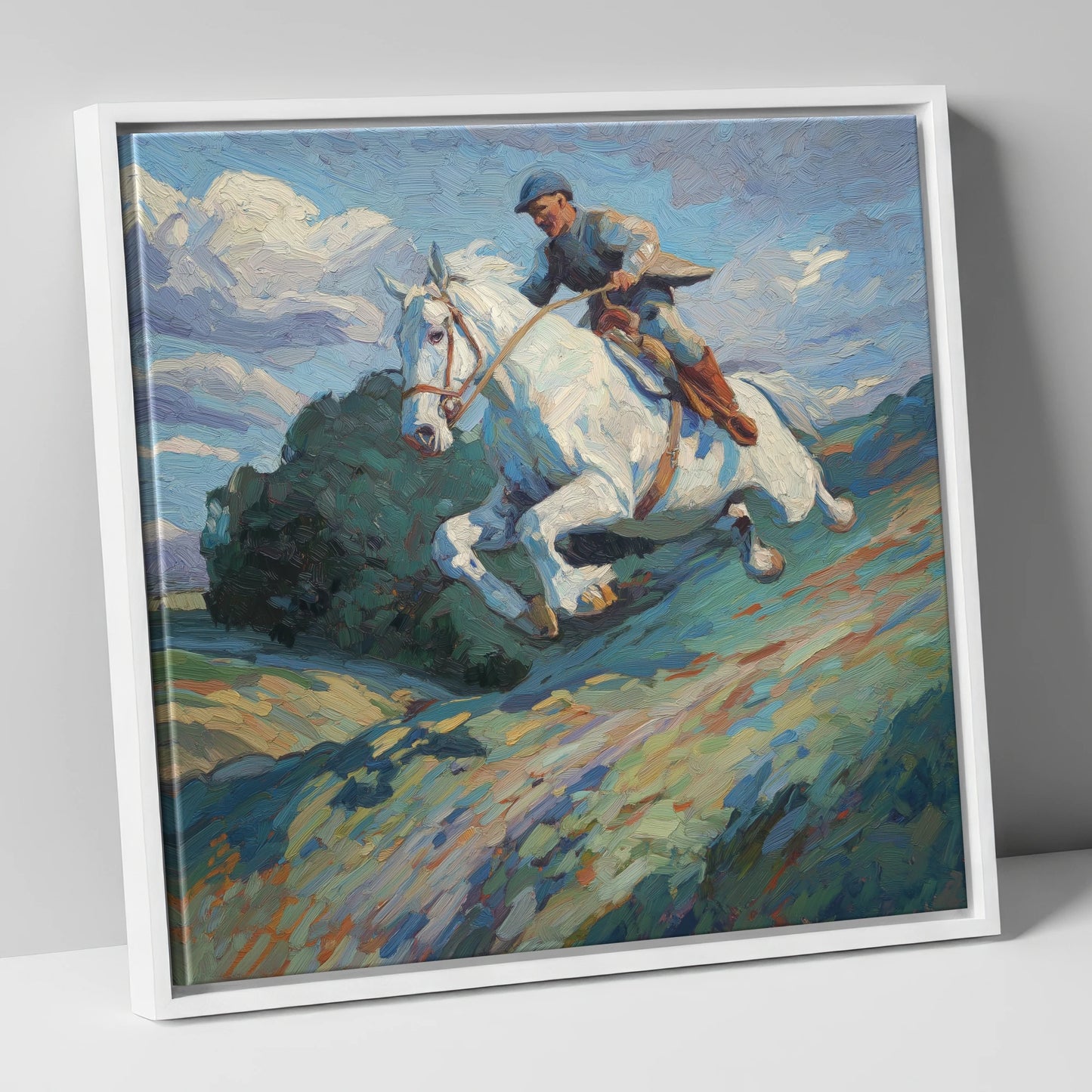 The Boundless Leap show jumping horse canvas wall art in white frame
