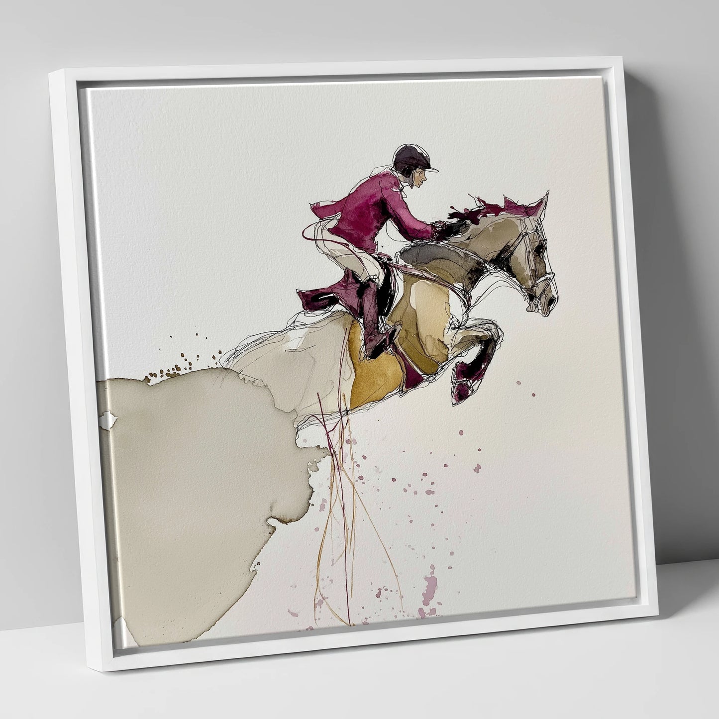 Burgundy Flight show jumping horse canvas wall art in white frame