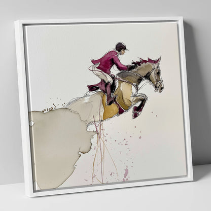 Burgundy Flight show jumping horse canvas wall art in white frame