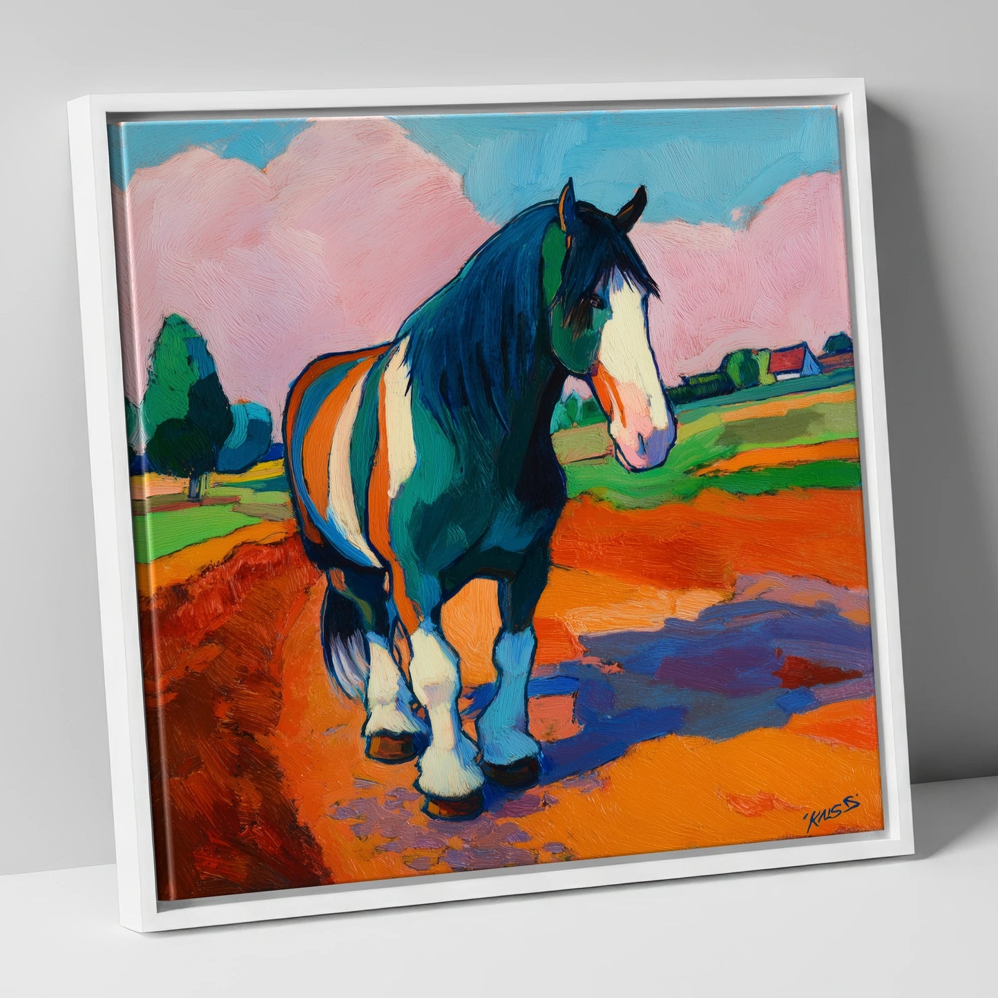 Vibrant Coloured Cob horse breed canvas wall art in white frame