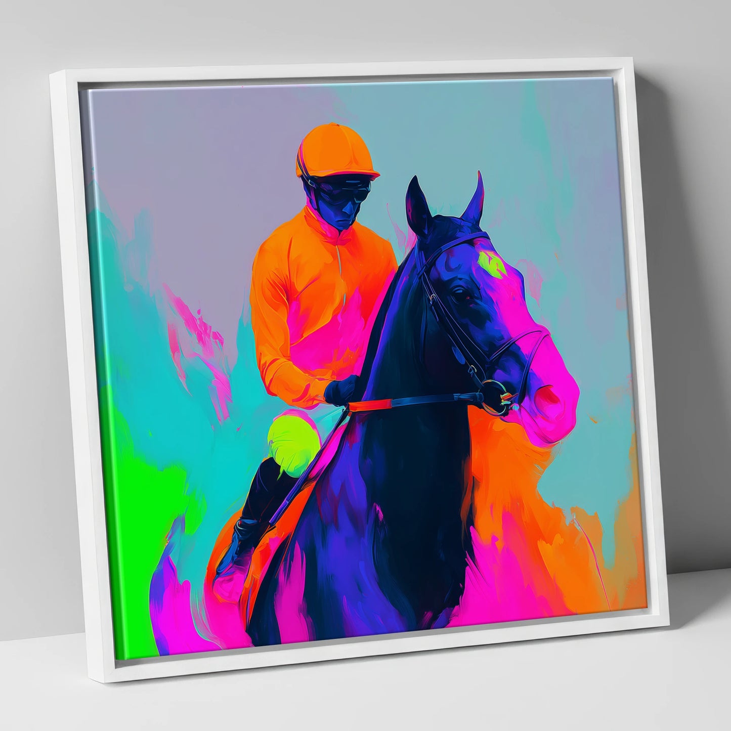 Technicolour Sprint racing horse canvas wall art in white frame