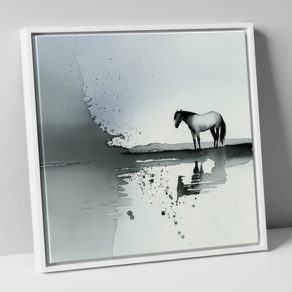 Stillness in Grey horse landscape canvas wall art in white frame