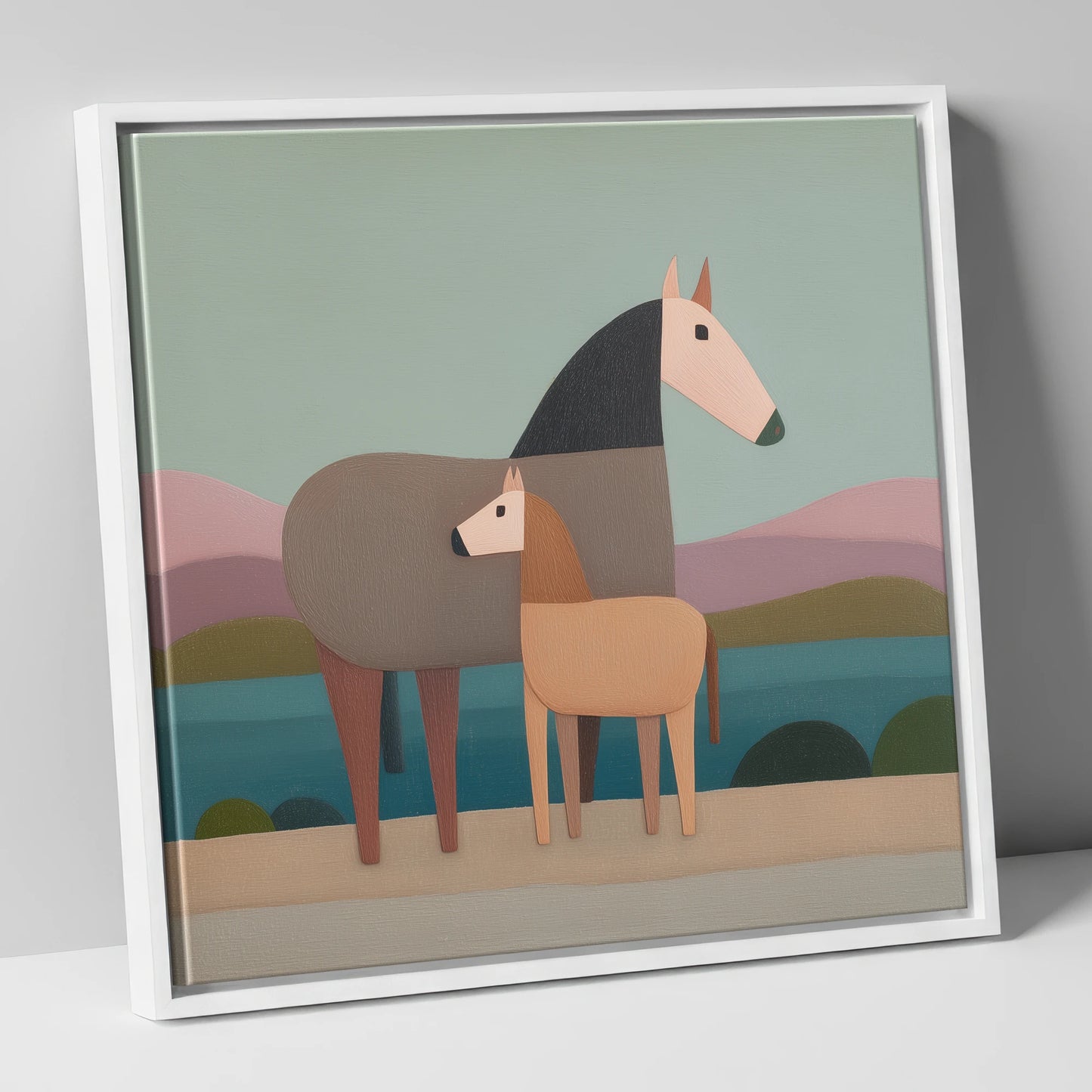 Stylised Equine Harmony mare & foal canvas wall art in white frame