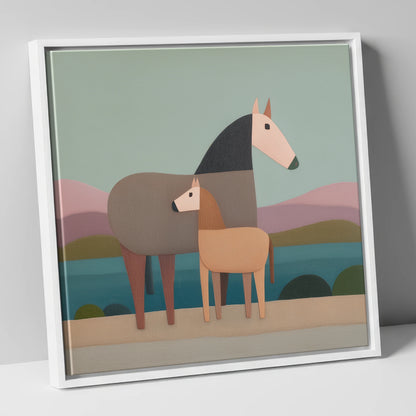 Stylised Equine Harmony mare & foal canvas wall art in white frame